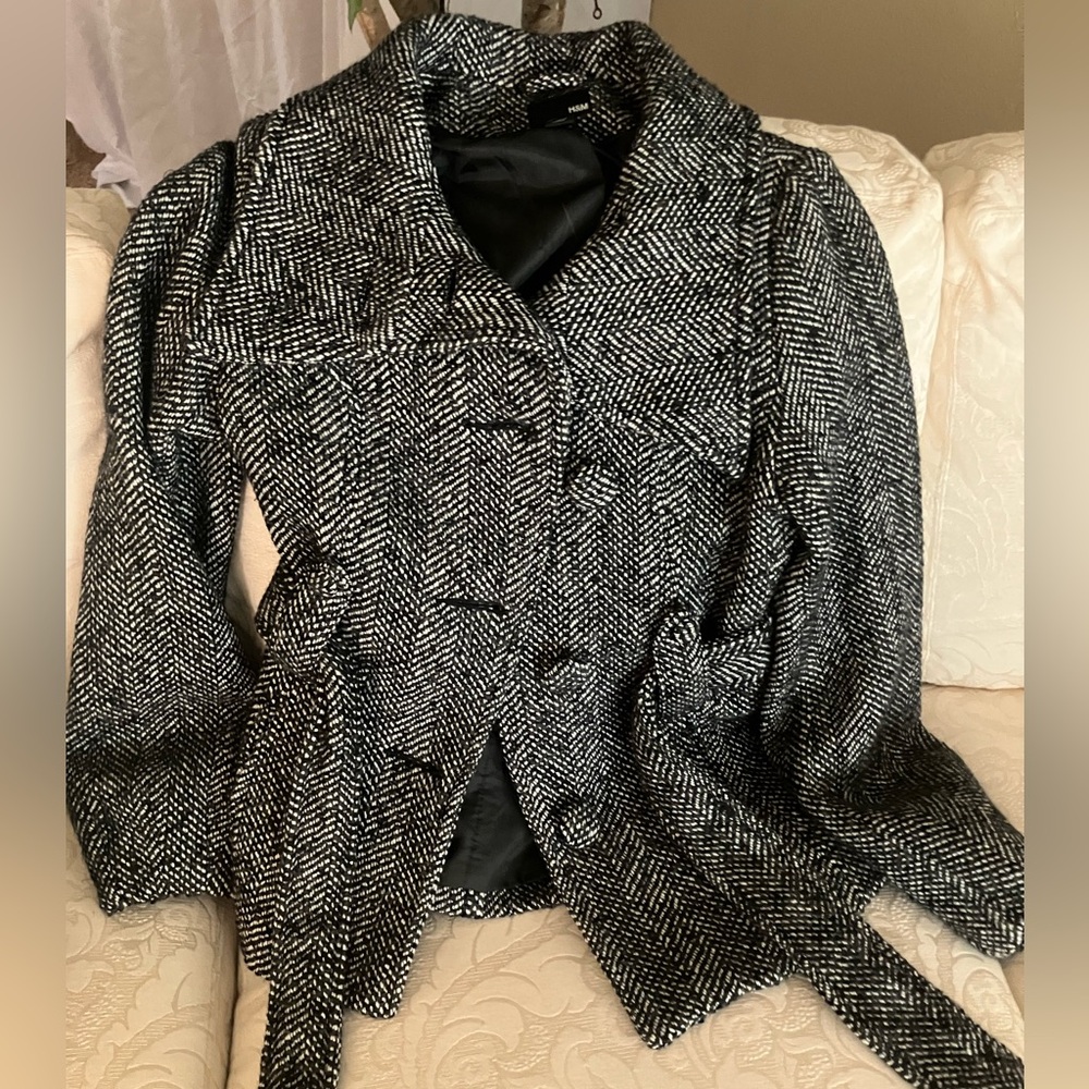H&M Black and White wool blend belted coat